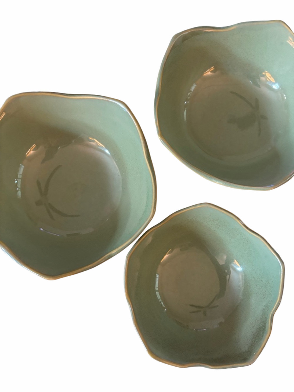 VINT 1970’s porcelain lotus bowls trio in green 
Rare find. Manufactured BIA.